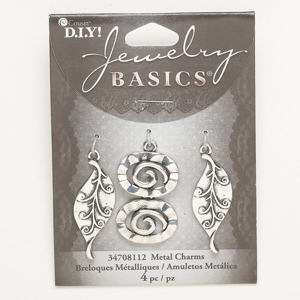 Drop assortment, brass, pkg/4, antique silver finish, 35x15mm leaf/21x16mm wavy oval. image number 0