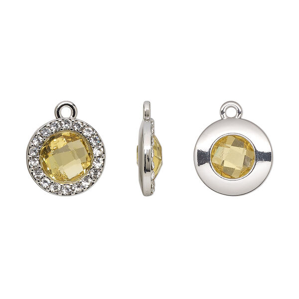 Drop, glass / glass rhinestone / imitation rhodium-finished "pewter" (zinc-based alloy), clear and transparent citrine yellow, 15.5mm single-sided round. Sold per pkg of 2. image number 0
