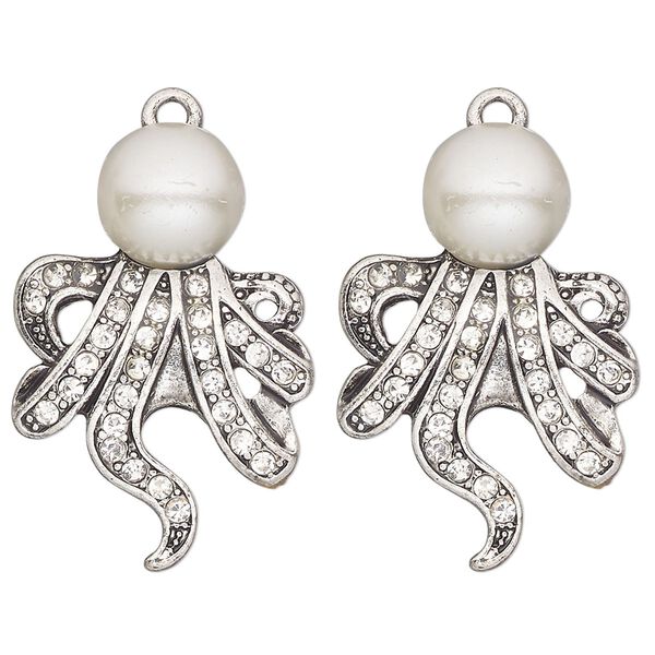 Focal, antique silver-finished "pewter" (zinc-based alloy) and glass, clear and white, 30x21mm single-sided acrylic pearl octopus. Sold per pkg of 2. image number 0
