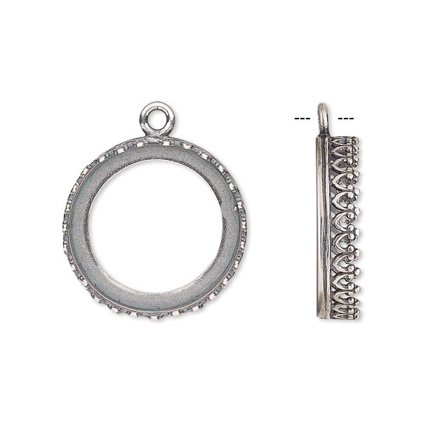 Drop, JBB Findings, antique silver-plated brass, 19.5mm round with open back and decorative trim, 18mm round bezel setting. Sold per pkg of 2. image number 0