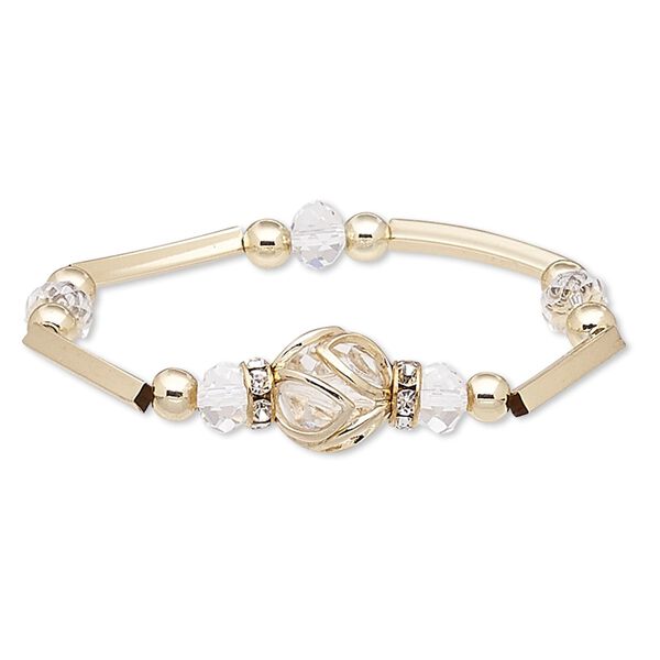 Bracelet, stretch, glass / glass rhinestone / gold-coated plastic / gold-finished steel / "pewter" (zinc-based alloy), clear, 15mm wide with round, 6-1/2 inches. Sold individually. image number 0