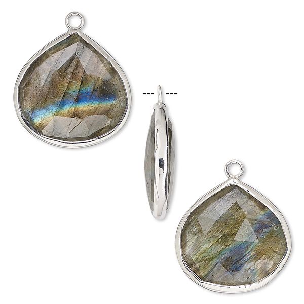 Drop, labradorite (natural) and sterling silver, 20mm double-sided faceted teardrop. Sold per pkg of 2. image number 0