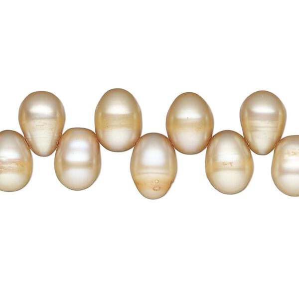 Pearl, cultured freshwater pearl (dyed), soft gold,8x6mm-11x7mm top-drilled teardrop , C- grade, Mohs hardness 2-1/2 to 4. Sold per 15" strand, approximately 75 beads. image number 0