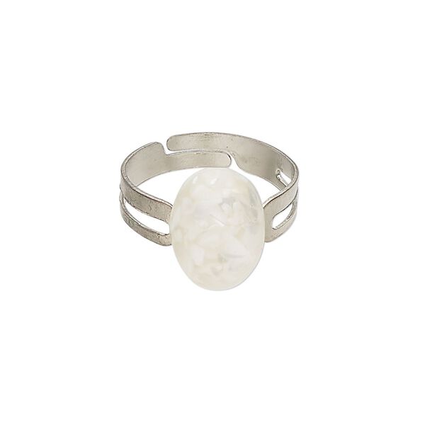 Ring 1pkg1 steel / mother-of-pearl shell, 13x10mm oval, bleached/assembled silver finish / white image number 0