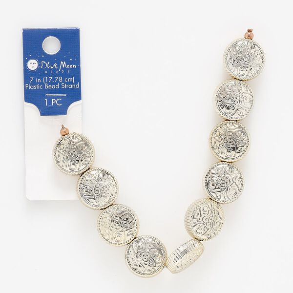 Bead, rose gold-finished plastic, pink, 18mm flat round with swirls and 3mm hole. Sold per 7-inch strand. image number 0
