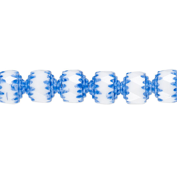 Bead, Czech dipped décor glass, white and medium blue Apollo, 8mm round cathedral. Sold per 15-1/2" to 16" strand. image number 0
