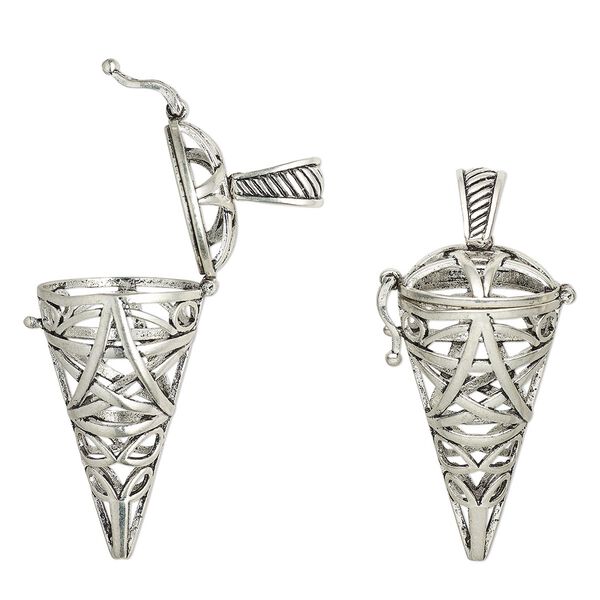 Focal, antique silver-finished brass, 43x22mm cone bead cage with cutout star design and safety latch, fits up to 12-18mm bead. Sold individually. image number 0