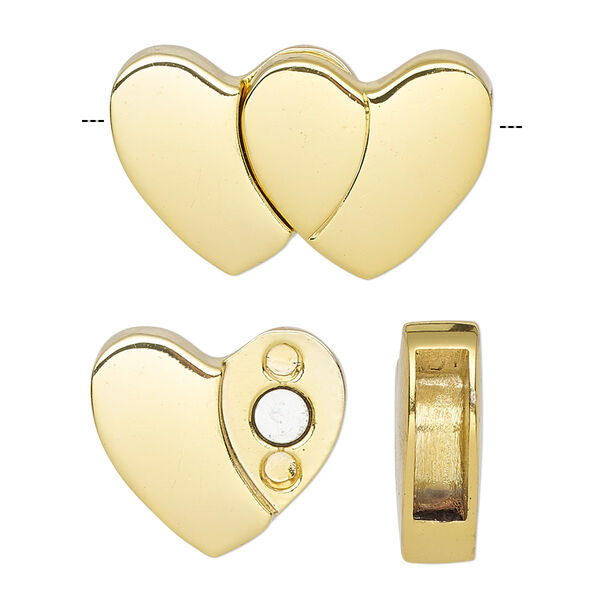 Clasp, magnetic, gold-finished "pewter" (zinc-based alloy), 28x17mm double heart with glue-in ends, 11.5x3.5mm inside diameter. Sold individually. image number 0