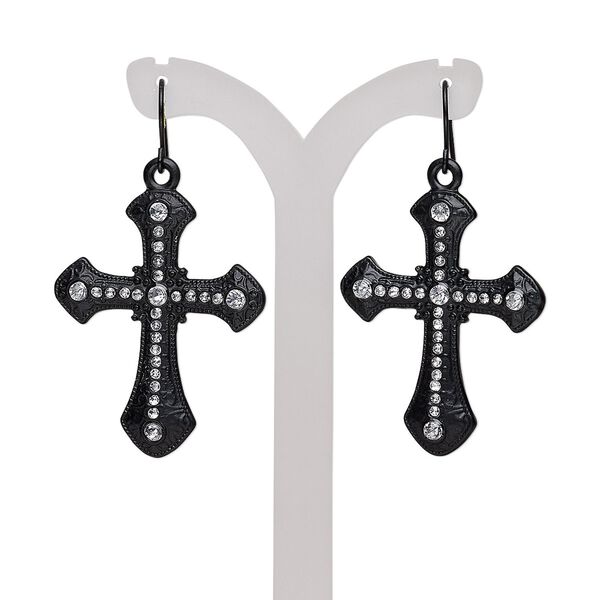 Earring, glass rhinestone with black-finished steel and "pewter" (zinc-based alloy), clear, 2 inches with matte cross and fishhook ear wire. Sold per pair. image number 0