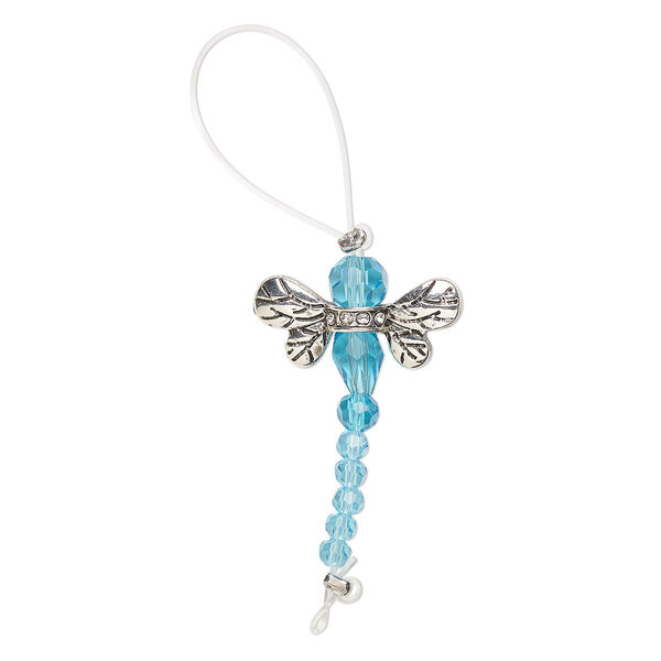 Bead, glass / glass rhinestone / antique silver-finished "pewter" (zinc-based alloy), transparent clear and aqua blue, 32x22mm dragonfly. Sold per pkg of 2. image number 0