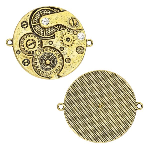 Focal, glass rhinestone and antique gold-finished "pewter" (zinc-based alloy), clear, 39.5mm single-sided clock gears with 2 loops. Sold individually. image number 0