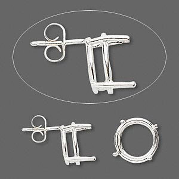 Earstud, Sure-Set™, sterling silver, 12mm with 4-prong round basket setting. Sold per pair. image number 0