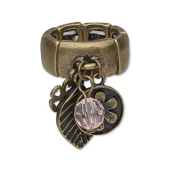 Ring, stretch, acrylic / glass rhinestone / antique brass-finished "pewter" (zinc-based alloy) / steel, pink, leaf and dangle charms, size 8. Sold individually. image number 0