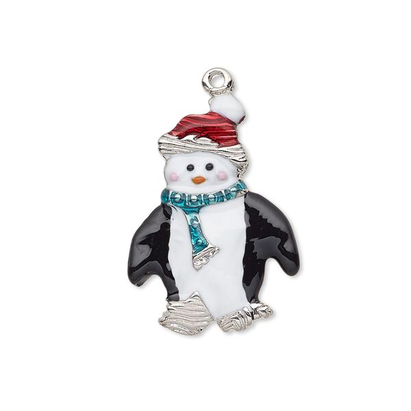 Charm, enamel and silver-plated "pewter" (zinc-based alloy), multicolored, 26x19mm single-sided penguin with Christmas hat and scarf. Sold individually. image number 0