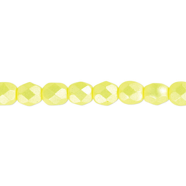 Bead, Czech fire-polished dipped décor glass, opaque pearlescent light yellow, 6mm faceted round. Sold per 15-1/2" to 16" strand. image number 0