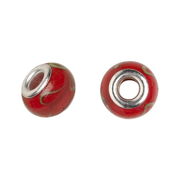 Bead, Dione®, lampworked glass with silver-plated brass grommets, opaque red and green, 14x9mm rondelle with swirls. Sold per pkg of 6. image number 0