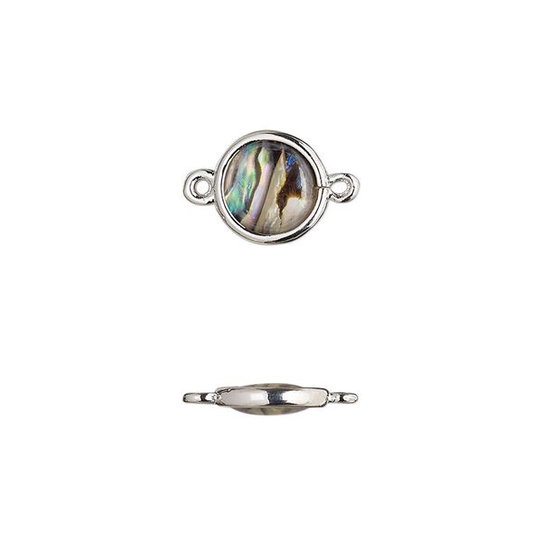 Link, paua shell and imitation rhodium-finished brass (assembled), 9.5-10.5mm double-sided round. Sold per pkg of 4. image number 0
