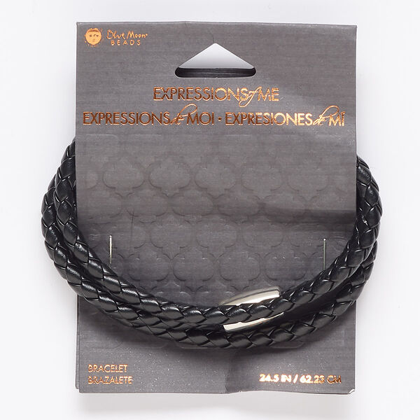 Bracelet, wrap, faux leather and silver-finished "pewter" (zinc-based alloy), black, 4mm braided, 24-1/2 inches with magnetic barrel clasp. Sold individually. image number 0