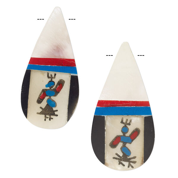 Bead, mother-of-pearl shell (assembled) and resin, multicolored, 38x18mm-39x19mm top-drilled single-sided teardrop with Kachina decal and 0.6mm hole. Sold per pkg of 2. image number 0