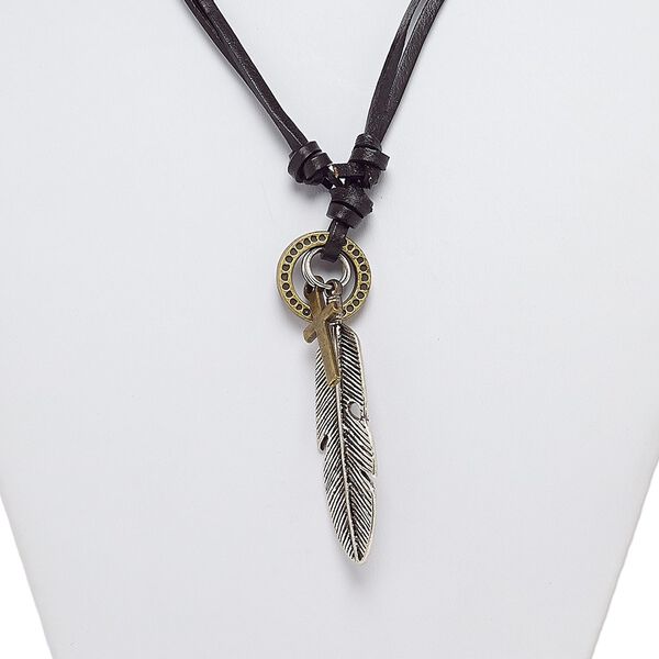Necklace, leather (dyed) / antique silver- / brass-plated steel / "pewter" (zinc-based alloy), black, 2-3/4 inch dangle with 20mm ring / 26x11mm cross / 57x14mm feather, adjustable from 16-32 inches with knot closure. Sold individually. image number 0
