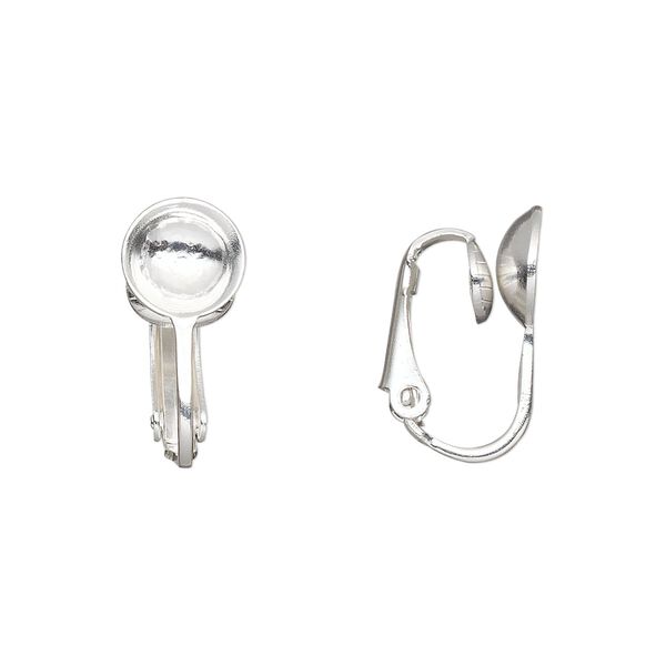 Earring clip-on 1pkg10 silver-plated, 17mm / 8mm cup / grooved / 8-10mm round setting, steel 5 pair image number 0