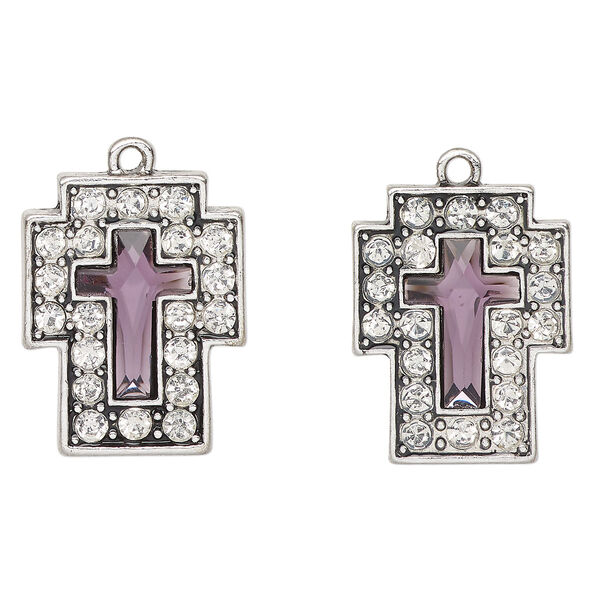 Drop, antique silver-finished "pewter" (zinc-based alloy) and glass, clear and purple, 25x19mm cross. Sold per pkg of 2. image number 0