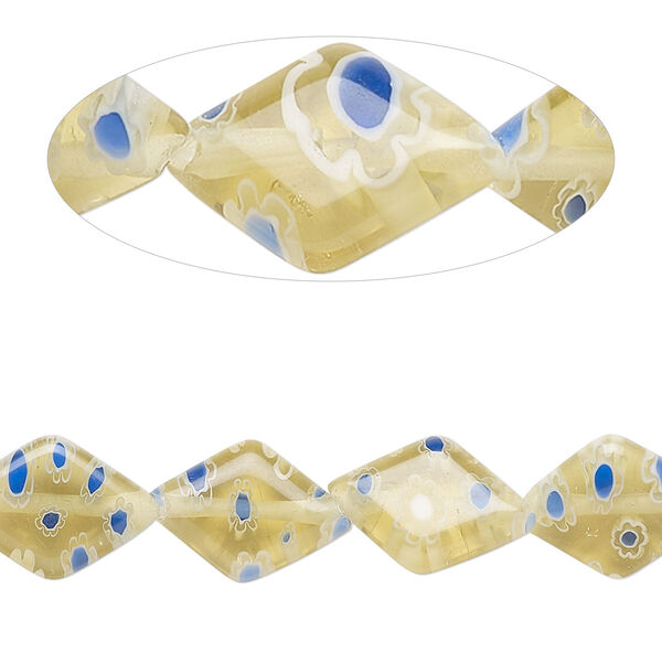 Bead, millefiori glass, translucent pale yellow / blue / white, 11x9-14x10mm puffed diamond with flower design. Sold per 14-inch strand. image number 0