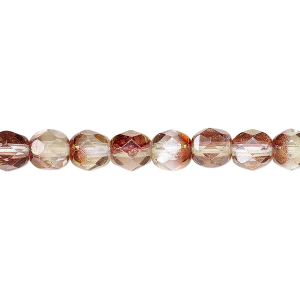 Bead, Czech fire-polished glass, pink and peach luster, 6mm faceted round. Sold per 15-1/2" to 16" strand. image number 0