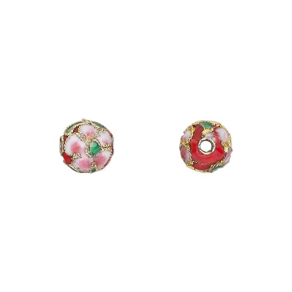 Bead, cloisonné, enamel and gold-finished copper, red / pink / green, 8mm round with flower design. Sold per pkg of 10. image number 0