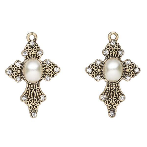 Focal, antique gold-finished "pewter" (zinc-based alloy), acrylic pearl and glass, clear and white, 31x22mm fancy cross. Sold per pkg of 2. image number 0