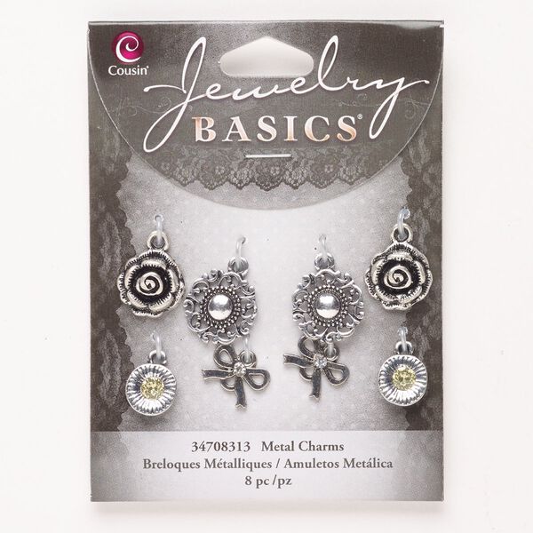 Charm assortment, "pewter" (zinc-based alloy) and glass, pkg/8, antique silver finish/yellow/clear, 11-15mm mixed shapes. image number 0