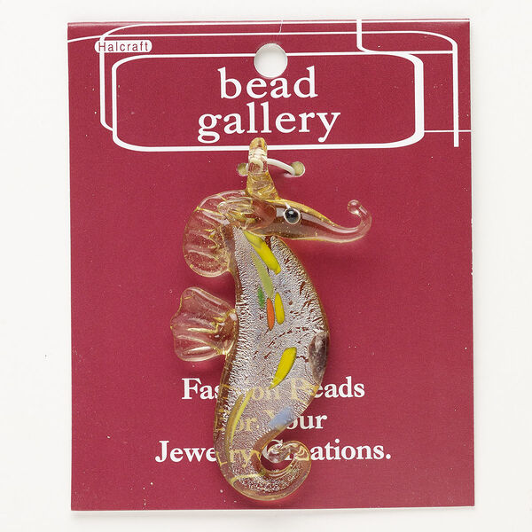 Focal, lampworked glass, pkg/1, opaque and transparent multicolored with silver-colored foil, 53x31mm-62x37mm seahorse with top loop. image number 0