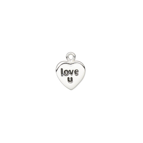 Charm, sterling silver, 7.5x7mm single-sided heart with "love u." Sold individually. image number 0