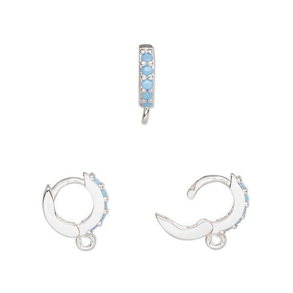Hoop, silver-finished brass and glass, turquoise blue, 11mm hoop, 18 gauge. Sold per pair. image number 0