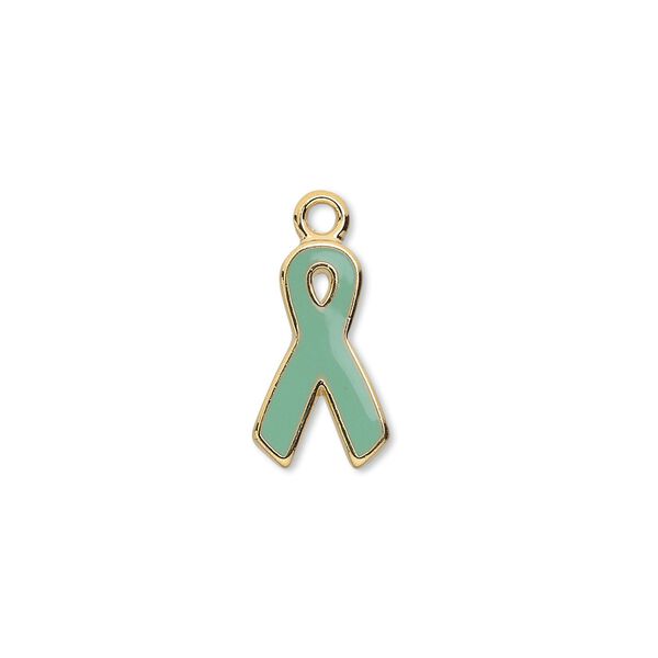 Charm, epoxy and gold-plated aluminum, teal, 15x9mm single-sided awareness ribbon. Sold per pkg of 6. image number 0