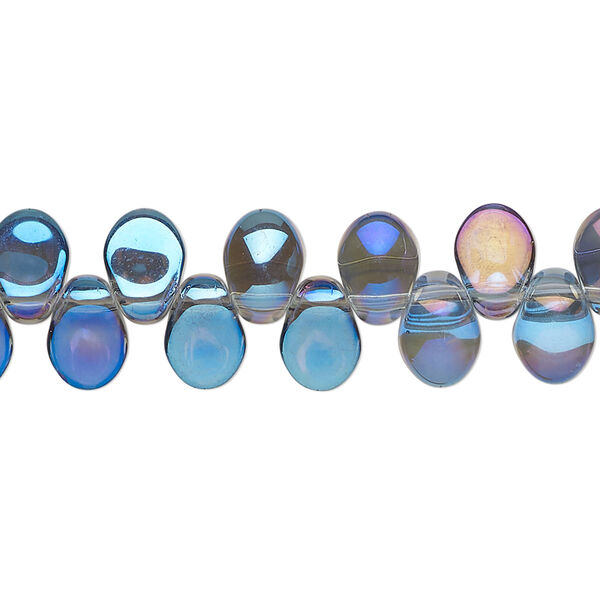 Bead, pressed glass, half-coated metallic blue and vitrail , 8 x 6mm concave-back teardrop, top-drilled. Sold per 8-inch strand, approximately 56 beads. image number 0