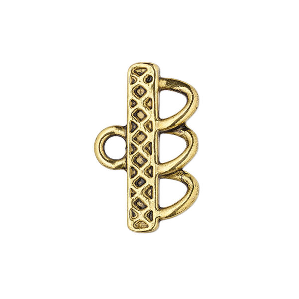 End bar, antique gold-finished "pewter" (zinc-based alloy), 25x4.5mm single-sided rectangle with X design and 3 loops. Sold per pkg of 6. image number 0