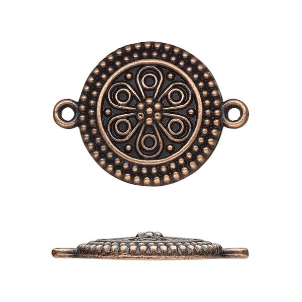 Link, antique copper-finished "pewter" (zinc-based alloy), 21.5mm single-sided domed round with flower. Sold per pkg of 10. image number 0