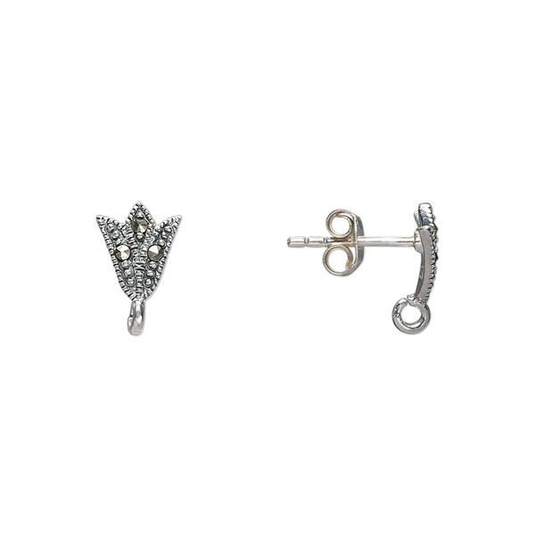 Marcasite / sterling silver 1pkg2, fancy tulip earstud / open loop / earnut natural 8x7mm image number 0
