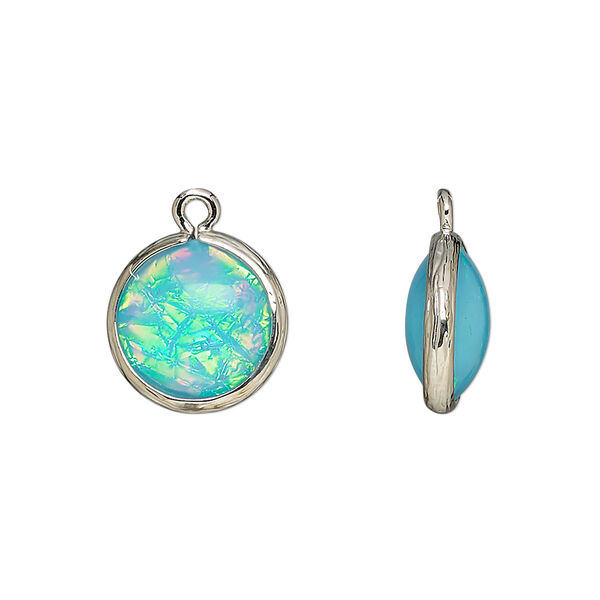 Drop, Opalized Ice™, "opal" (resin) and imitation rhodium-finished brass, opaque light blue, 14mm double-sided round .Sold per pkg of 4. image number 0
