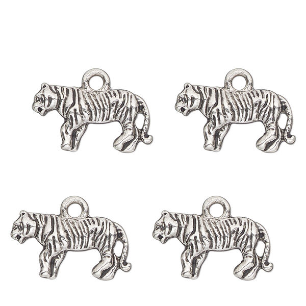 Charm, antique silver-finished "pewter" (zinc-based alloy) , 18x10mm single-sided tiger. Sold per pkg of 4. image number 0