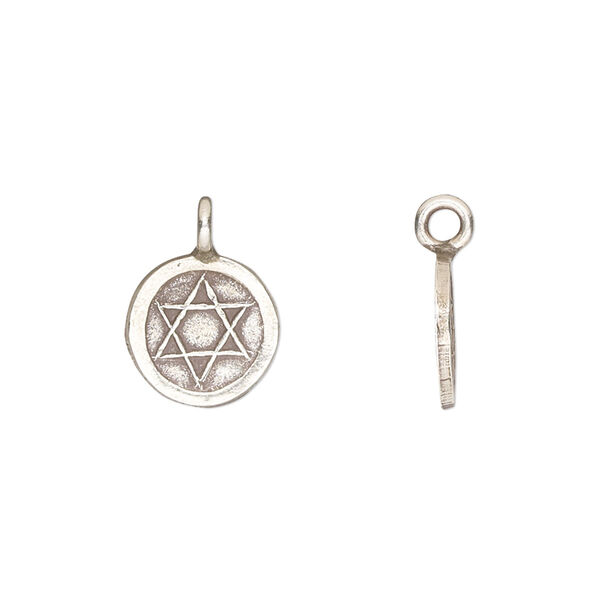 Drop, Hill Tribes, antiqued fine silver, 11mm single-sided round with Star of David design. Sold individually. image number 0