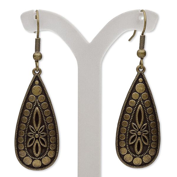 Earring, antique brass-finished brass and "pewter" (zinc-based alloy), 2 inches with fancy teardrop and fishhook ear wire. Sold per pair. image number 0