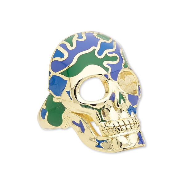 Ring, Avant-Garde Jewelry Collection, enamel and gold-plated brass, green and blue, 33x22mm skull, size 8-1/2. Sold individually. image number 0