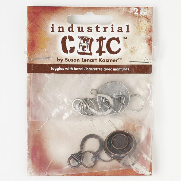 Clasp, hook, antique silver and copper-finished "pewter" (zinc-based alloy), 24x15mm with 18.5mm round bezel with 14mm round setting. Sold per pkg of (2) 6-piece sets. image number 0