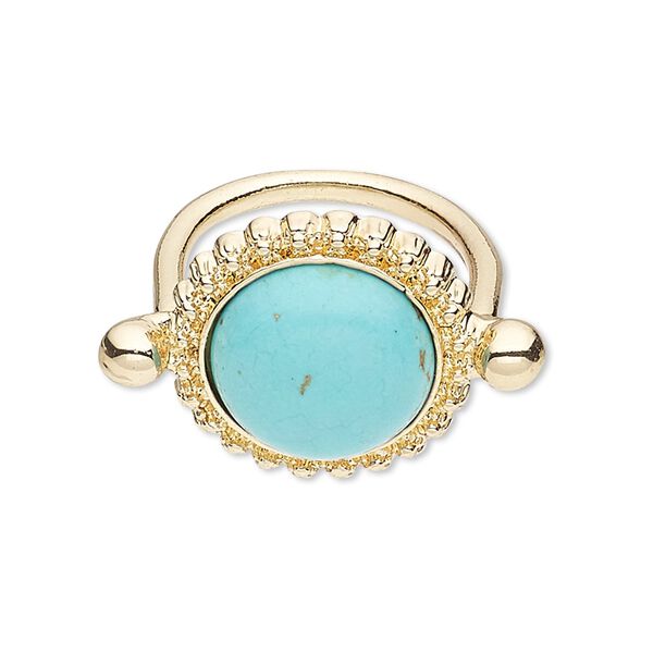 Ring, magnesite (dyed / stabilized) and gold-finished "pewter" (zinc-based alloy), turquoise blue, 22mm round, size 9. Sold individually. image number 0