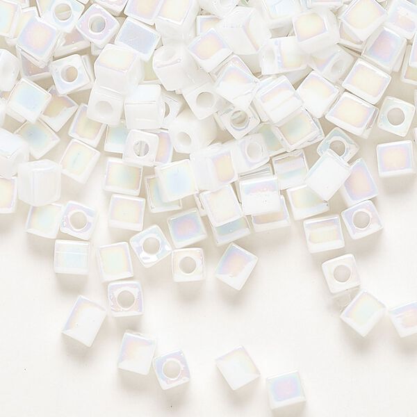 Seed bead, Miyuki, glass, pkg/25g, 3.5-3.7mm square, opaque rainbow chalk white (SB-402R). image number 0