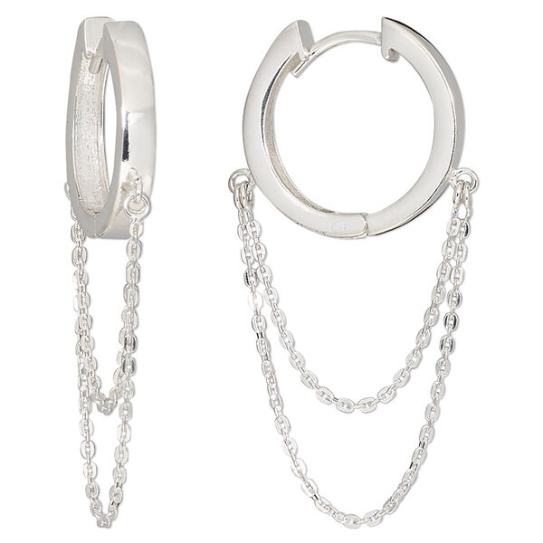 Earring, sterling silver, 17mm round hoop with square tube and 23mm chain drape with hinged closure, 18 gauge. Sold per pair. image number 0