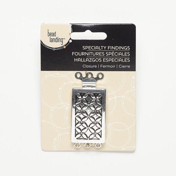 Clasp, 3-strand tab, antiqued silver-finished steel, 42x25mm rectangle with flower design. Sold individually. image number 0