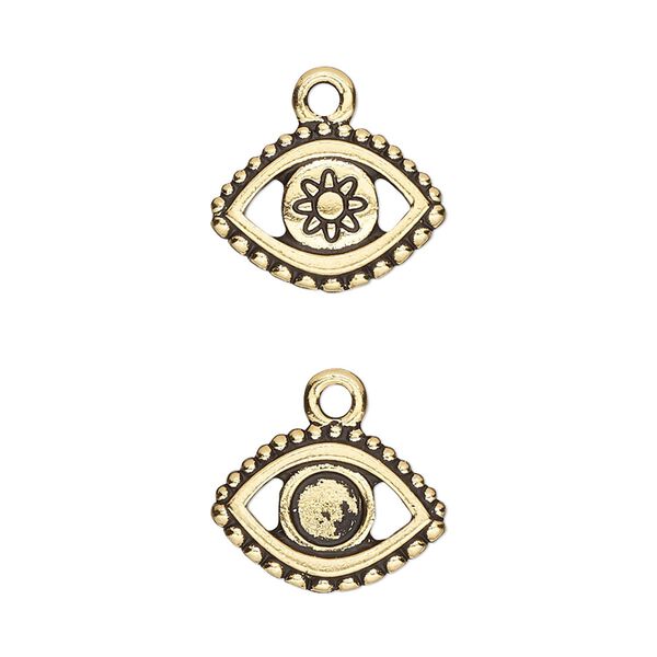 Charm, TierraCast®, "Happy Go Lucky" collection, antique gold-plated pewter (tin-based alloy), 16x11mm two-sided evil eye with SS20 flat back glue-in setting. Sold per pkg of 2. image number 0